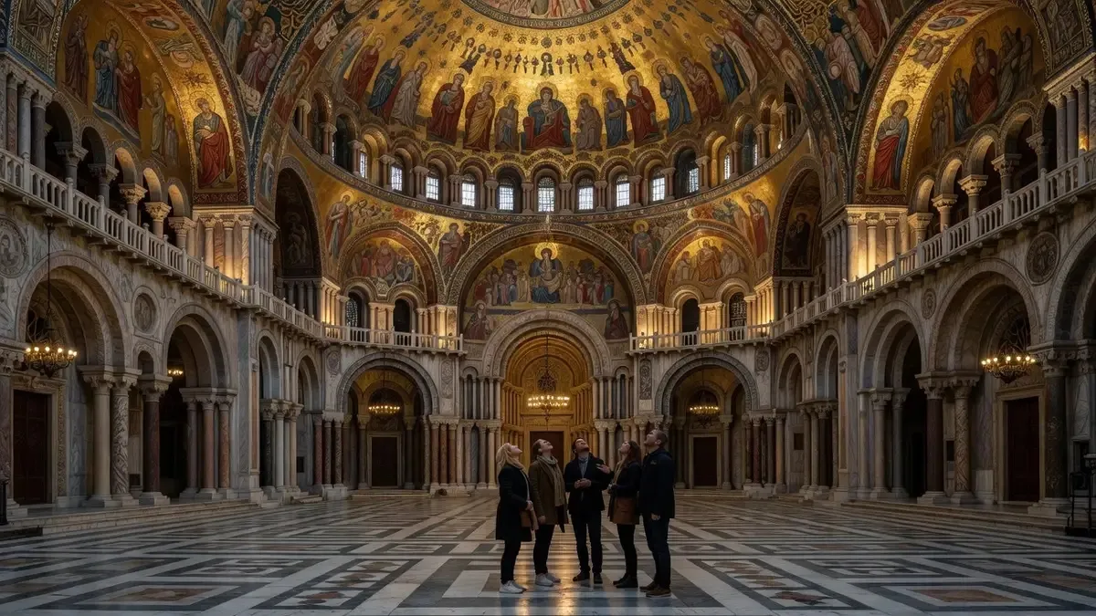 Golden Byzantine mosaics overhead inside the basilica, seen after entering with st marks basilica skip the line tickets in Venice, Italy
