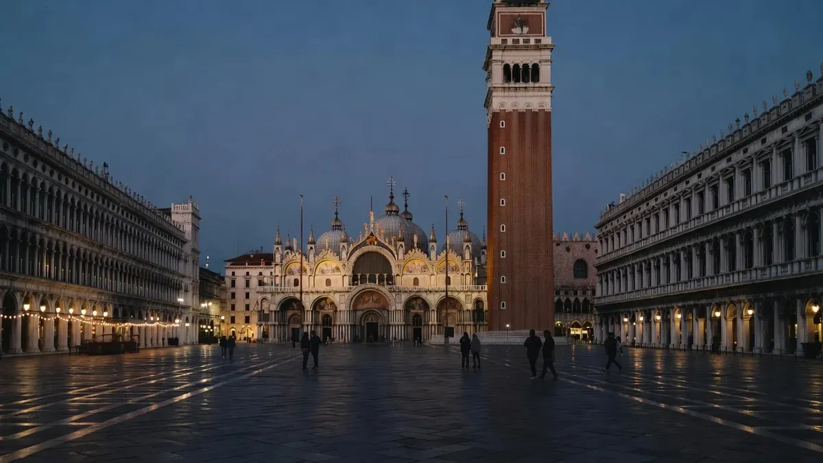 St Mark's Square and campanile at dusk after a st marks basilica terrace tour in Venice, Italy