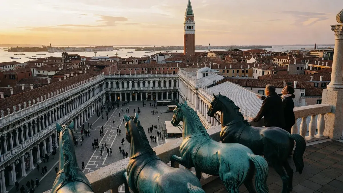 Bronze horses overlooking St Mark's Square at golden hour on the st marks basilica terrace tour in Venice, Italy